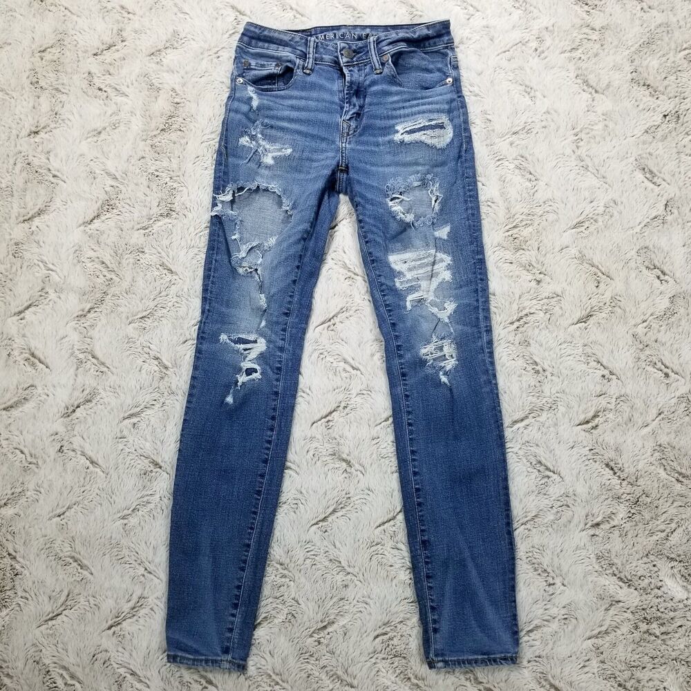 American Eagle Jeans Mens 28×32 Blue‎ Skinny Air Flex Distressed Dark Wash Denim